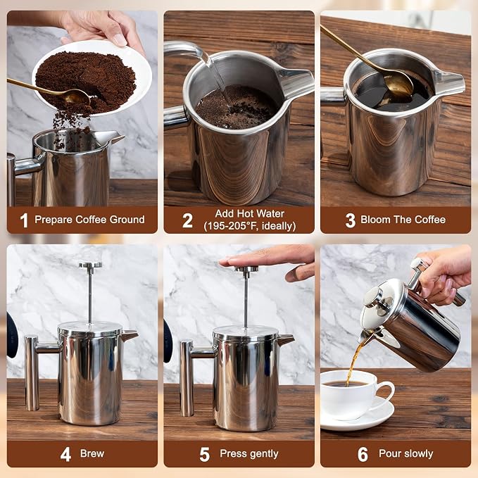 French Press Coffee Maker with Scale, 304 Stainless Steel French Press,17OZ | Double-Wall Insulated , Food Grade, Suitable for Kitchen and Travel Camping