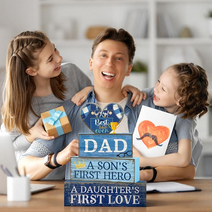 Lineshading 4 Pcs Dad Block Signs Wooden Farmhouse Decor, Father's Day | Tiered Tray Decorations for Home Table, Son's Hero Daughter's Love Quotes, Stacked Wooden Blocks, Rustic Gift for Dad