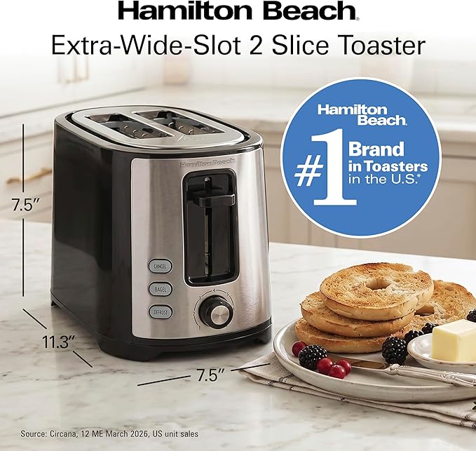 Hamilton Beach Extra-Wide Slot 2 Slice Toaster With Bagel & Defrost Buttons | Browning Control With 7 Shades | Auto Shutoff | Toast Boost | Slide-Out Crumb Tray | Black & Stainless Steel | 22633G
