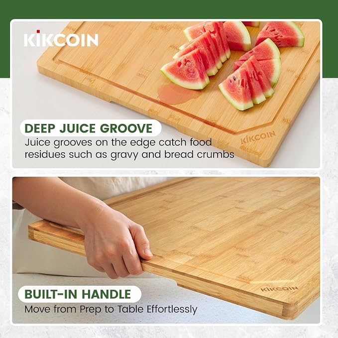 Kikcoin 36”×24” Bamboo Cutting Boards for Kitchen, Heavy Duty Wooden Cutting Boards, Healthy Extra Large Chopping Boards with Deep Juice Groove and Handle, Oversized Stove Top Cover, Natural