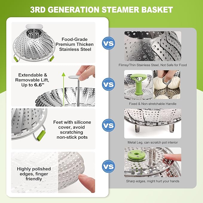 Pavsrmy Steamer Basket, 3rd Generation Stainless Steel Vegetable Steamer with Extendable Handle for Cooking Food, Folding & Expandable Veggie Steam Insert, Fit Various Size Instant Pot (5.5" to 9")