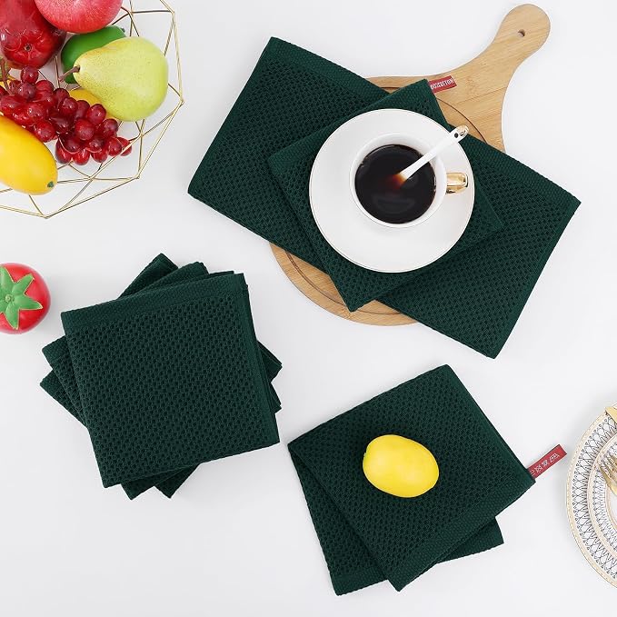 Homaxy 100% Cotton Waffle Weave Kitchen Dish Cloths 12-Pack, Blackish Green | 12 x 12 Inches, Ultra Soft Absorbent Dish Towels, Quick Drying Dish Rags with Hanging Loop