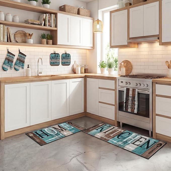 10 Pcs Kitchen Decor and Accessories Set, Turquoise Teal | 4 Dish Towels Kitchen Rugs 2 Oven Mitts 2 Pot Holders, Home Decor for Cooking Baking BBQ Gifts Women Mom Housewarming