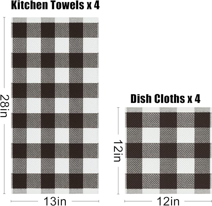 Homaxy Kitchen Towels and Dishcloths Set, Set of 8, White & Dark Brown | Bulk Cotton Waffle Weave Check Plaid Kitchen Towels, Super Soft and Absorbent Dish Cloths, 12 x 12 and 13 x 28 Inches