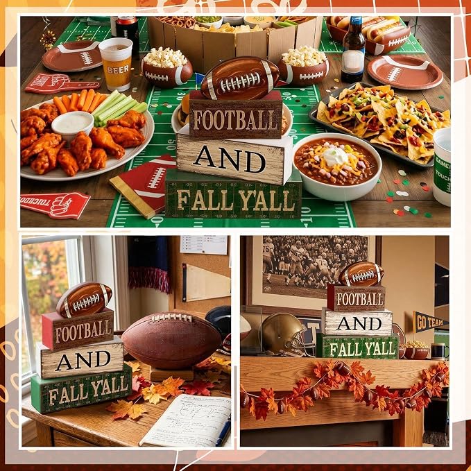 Lineshading 4 Pcs Fall Football Block Signs Wooden Farmhouse Decor | Rustic Wood Blocks with 3D Football Topper, Sport Theme Tiered Tray Decor for Table Shelf, Football and Fall Y'all Text