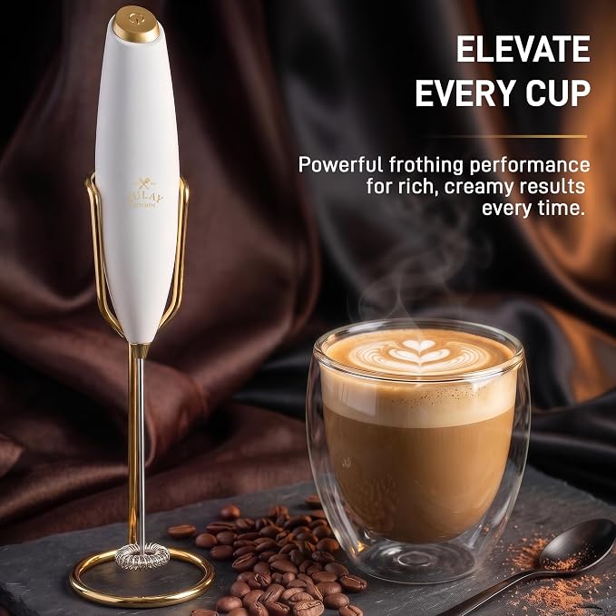 Zulay Kitchen Powerful Milk Frother Wand With Duracell Batteries - Ultra Fast Handheld Drink Mixer - Electric Whisk Foam Maker for Coffee, Lattes, Cappuccino & Matcha - Z1 Motor - Exec White Gold