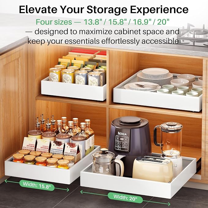 Pull out Cabinet Organizer, 21"Deep, 11.8"Wide Full-Extension Heavy Duty Slide out Drawers with Nano Adhesive, Roll Out Shelves Sliding Cabinet for Kitchen, Bathroom, Pantry,Under Sink Storage(White)
