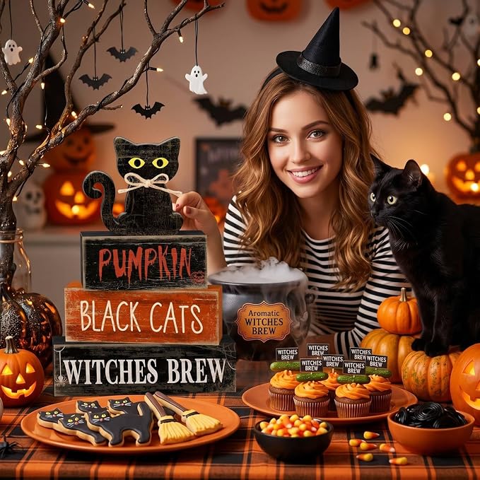 Lineshading 4 Pcs Halloween Black Cat Tiered Tray Decor Wooden Signs | Rustic Farmhouse Tabletop Decoration, Stackable with Halloween Phrases, Seasonal Home Display, Gift-ready Decor Set