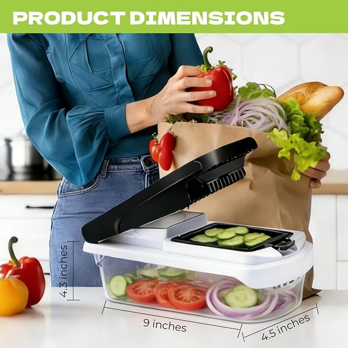 Veggie Chopper & Onion Dicer, Spiralizer, Container, Safety Glove | 17-in-1 veggie chopper with 2 dicer sizes, slicer, spiralizer & peeler. Includes cut-resistant glove & strainer container.