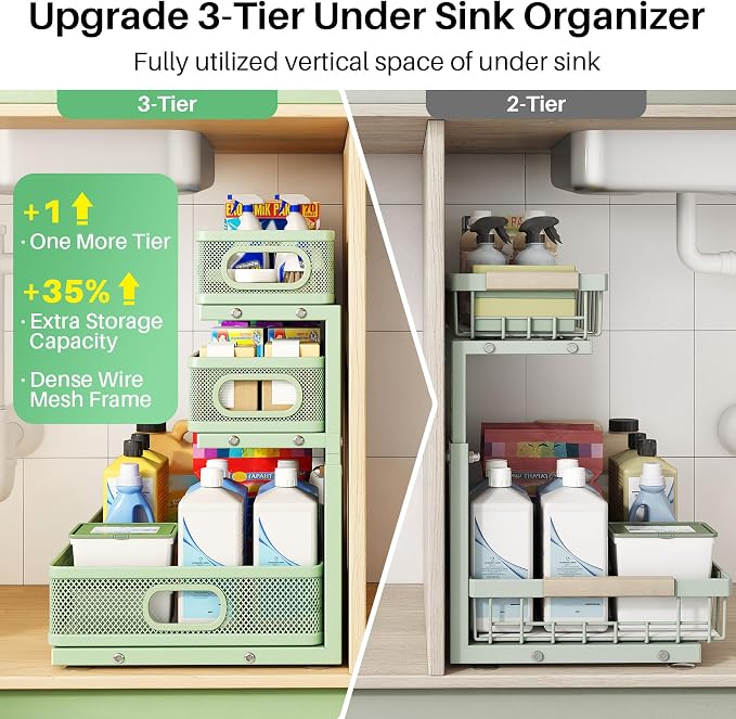 Kitstorack Under Sink Organizer, 2-Pack 3-Tier Height Adjustable Thickened Metal Pull out Cabinet Organizer Shelf, Slide out Storage Drawer Rack for Bathroom Kitchen Pantry Home Organization, Green