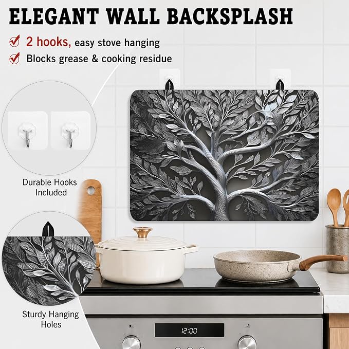 Stove Top Cover for Electric Stove 28"x20" Rubber Stovetop Cover | Heat Resistant Glass Top Stove Cover Protector Mat - Anti-Scratch Dish Drying Mat, Tree of Life Pattern with 2 Hooks