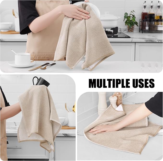 Homaxy 380 GSM Cotton Premium Kitchen Towels 6 Pack, 18"x 28", Khaki | Flat and Terry Dish Towels, Highly Absorbent Tea Towel Set with Hanging Loop, Soft Utility Kitchen Hand Towels
