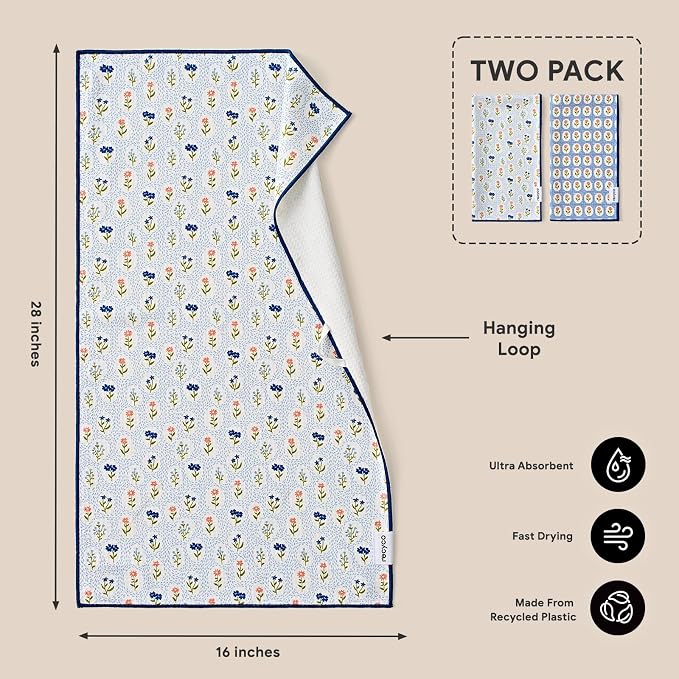 RECYCO Waffle Kitchen Towel Set of 2 - Quick Dry Microfiber Sustainable Dish Towels - Ultra Absorbent Reusable Cleaning Tea Towels - Lightweight Hand Towels,16”x 28”, Bloom Tiles