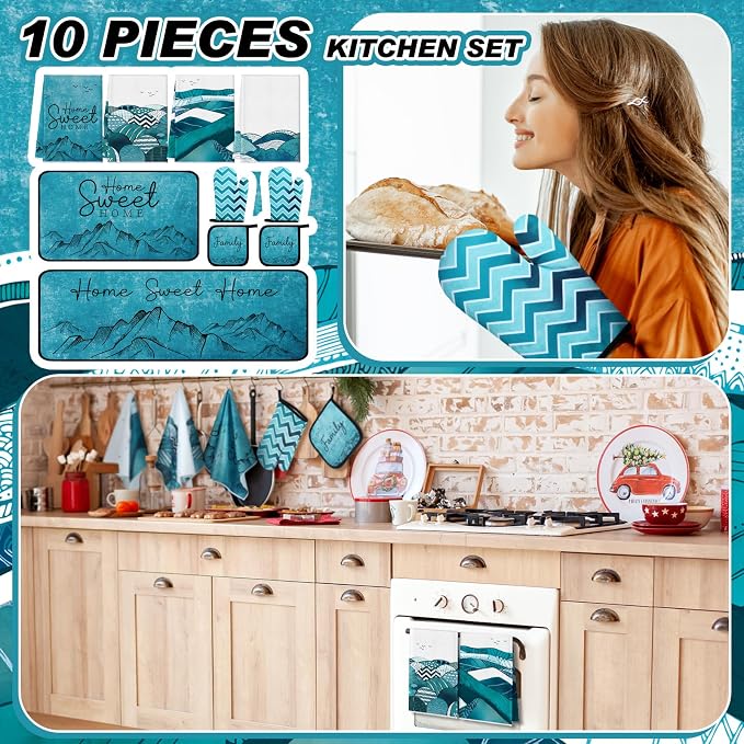 Fourluoo 10 Pcs Landscape Kitchen Dish Towels Rugs Oven Mitts and Pot Holders Set Farmhouse Kitchen Decor Set for Women Mom Daughter Gift Cooking Baking Grilling (Ocean Green)