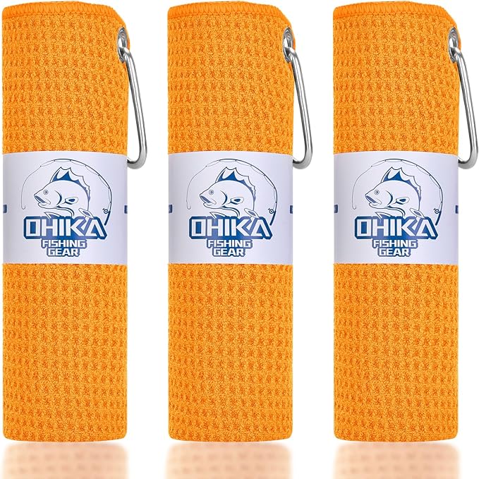 Microfiber Fishing Towels with Clip, Waffle Pattern for Effective Cleaning of Fishing Gears or Dirty Hands, 16” x 16”, Camping Towels, Hiking Towels, Pack of 3 (Orange)