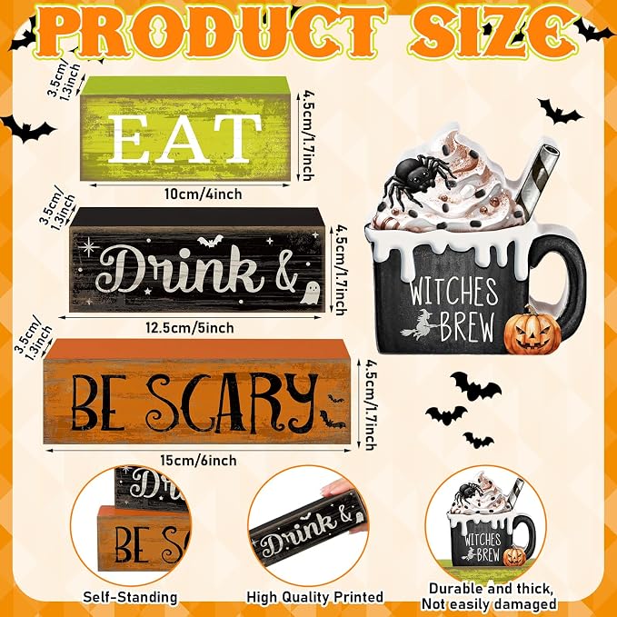 Lineshading 4 Pcs Halloween Wooden Block Signs, Eat Drink Be Scary Decor | Stackable Tiered Tray Decor for Farmhouse Table, Witches Brew Mug Topper, Rustic Wood Signs for Coffee Bar or Mantel
