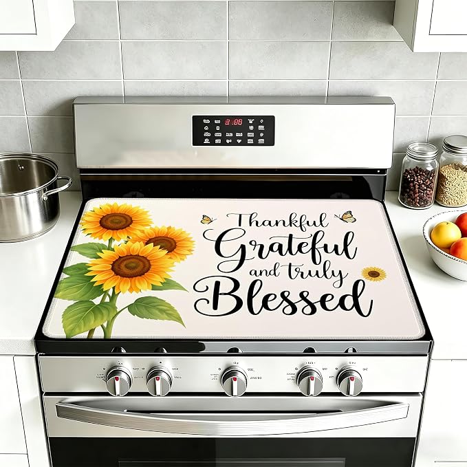 Sunflowers Glass Top Stove Cover Protector,Thankful Grateful Stove Top Covers for Electric Stove,Washable Heat Resistant Cooktop Mat Anti-Slip Range Covers, 28 x 20 Inch