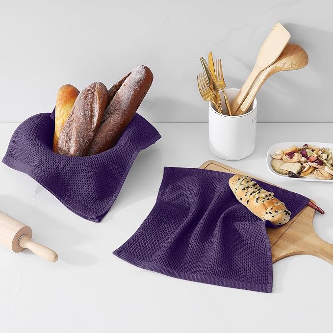 Kitinjoy 100% Cotton Waffle 6-Pack Kitchen Towels, 12" x 12", Eggplant | Ultra Absorbent, Super Soft, lightweight, Quick Drying Dish Rags for Washing Dishes