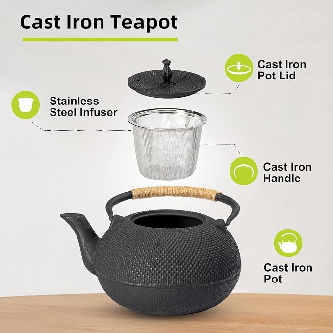 suyika Japanese Tetsubin Tea Kettle Cast Iron Teapot with Stainless Steel Infuser 60 oz/1800 ml | Stainless Steel Infuser for Stovetop Safe Coated with Enameled Interior