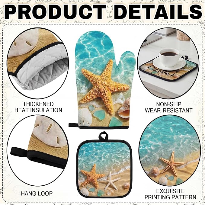 10 Pcs Starfish Beach Kitchen Decor and Accessories Set, 4 Kitchen Dish Towels 2 Rugs 2 Oven Mitts 2 Pot Holders, Home Decor for Cooking Baking BBQ Gifts Women Mom Housewarming