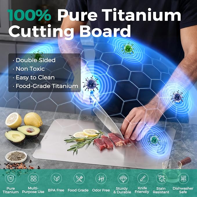 Katori Titanium Cutting Board - Upgraded 100% Pure Titanium Cutting Boards for Kitchen Non Toxic, Double Sided Food Grade Hygiene Non Moldy Dishwasher Safe Meat Fruit Metal Board (2PC 11 * 15.5 Inch)