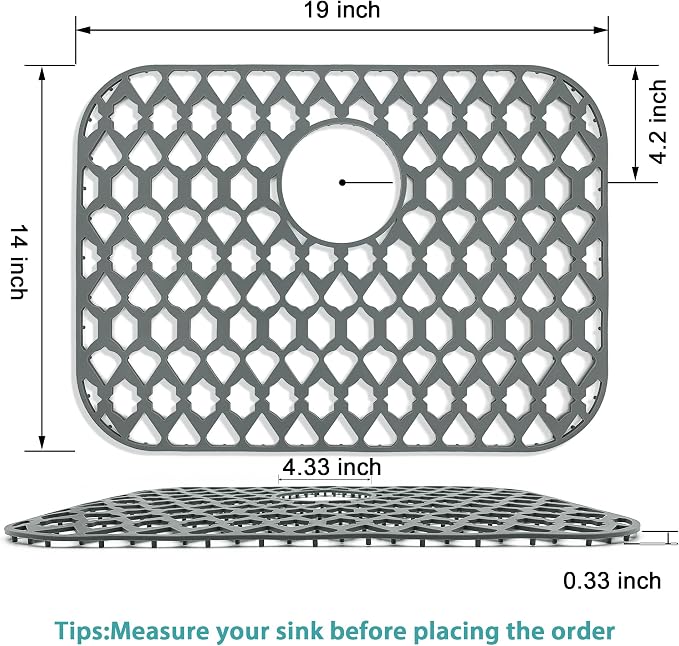 Silicone Kitchen Sink Protectors Mats - 12" 13" 14" 16" 18" 19" 21" 22" 24" 25" 26" 28" 30", Heat Resistant, Machine-wash (19”x14”, Rear Drain)