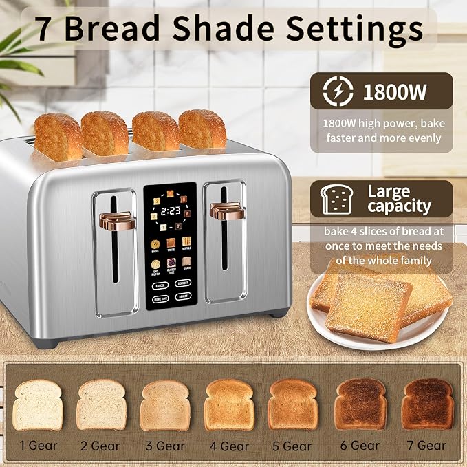 SEEDEEM 4 Slice Stainless Steel Toaster, 1.5" Wide Slots, Silver Metallic | Toaster 4 Slice, 6 Bread Type, 7 Shade Settings, 1.5'' Wide Slots, Cancel/Defrost/Reheat, Removable Crumb Tray, 1800W