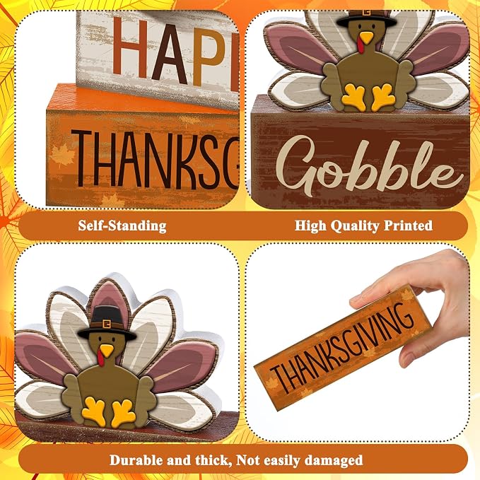 Lineshading 4 Pcs Wooden Thanksgiving Signs Tiered Tray Decor Turkey | Rustic Farmhouse Tabletop Decoration, Stacked Signs Design With Gobble Text, Fall Harvest Home Accents For Mantel Shelf