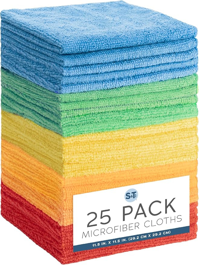 S&T INC. Microfiber Cleaning Cloth, 25 Pack, 11.5" x 11.5" | Bulk Cleaning Cloth for Home and Car, Reusable and Multi-Purpose Cleaning Rags, Machine Washable