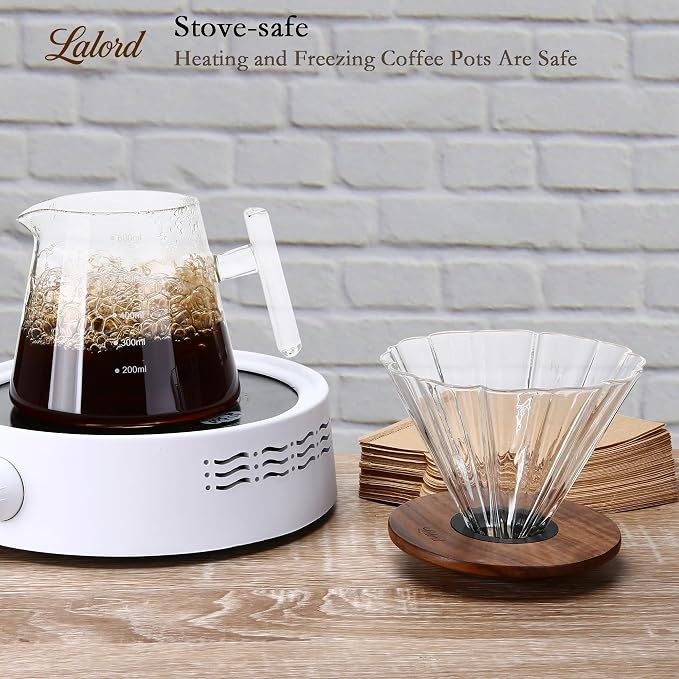 Lalord Pour Over Coffee Maker, 20 oz Borosilicate Glass Set with 100 pcs Paper Filter, Walnut Collar & Glass Lid, Drip Coffee Maker, 1-3 Cups, Clear, 600 ml, Petal Shape