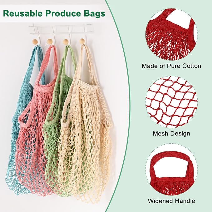 M METERXITY 1-Pack Cotton Mesh Bag, Reusable Washable Mesh Net String Grocery Bags, Reusable Produce Bags with Handle, Net Tote Bag for Fruits/Vegetables Shopping [Red, Short Handle]