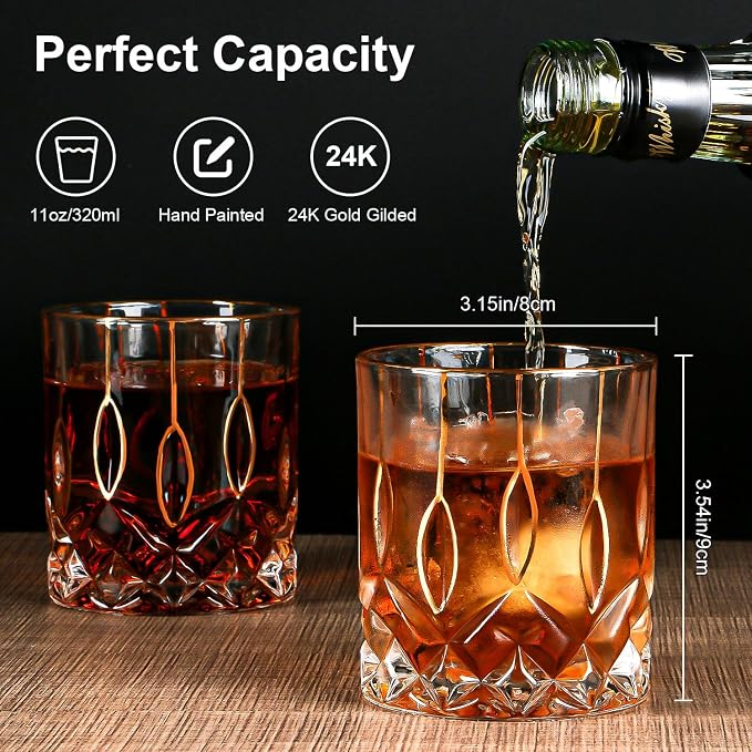 GLASKEY Gold Rim Whiskey Glasses Set of 2,Crystal Old Fashioned Glasses-Luxury Gold Collection,Perfect for Scotch Bourbon Rocks Cognac Vodka Gin Tequila Rum Liquor,Whiskey Gifts for Men