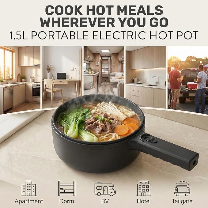 CERAMAX Electric Hot Pot 1.5L, Non-Stick Ceramic Skillet with Steamer & Lid for Ramen, Soup, Steak, Egg - BPA-Free, Non-Toxic, 350°F in 4 Min, Portable Electric Pan for Dorm, Travel, RV, Office, Black