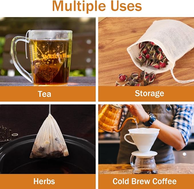 100Pcs Muslin Bags with Drawstring, 3x4 Inch Reusable Empty Tea Bags, Spice Herb Sachet Bag for Cooking Soups, Natural Cotton Unbleached Cheese Cloth Bag for Straining