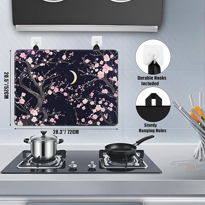 Electric Stove Top Cover,Pink Peach Blossom Stove Cover for Glass Top Electric Stove,Moon Night Heat Resistant Flat Top Stove Mat Countertop Protector, 28 x 20 Inch