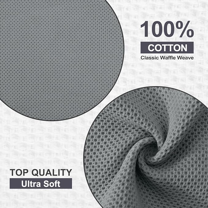 Kitinjoy 100% Cotton Waffle 6-Pack Kitchen Towels, 12" x 12", Grey | Ultra Absorbent, Super Soft, lightweight, Quick Drying Dish Rags for Washing Dishes