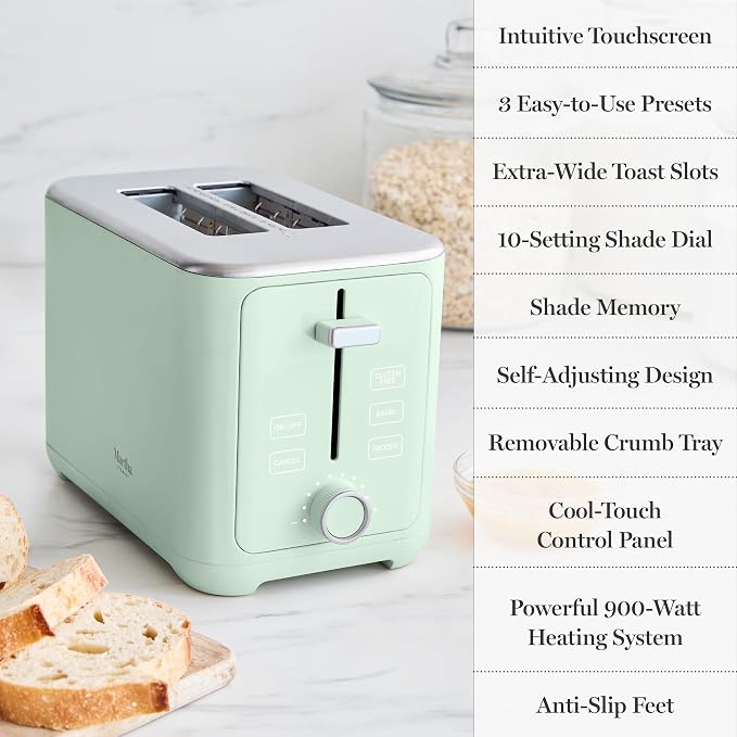 Martha Stewart 2-Slice Toaster, 3 Presets & 10 Shade Settings, Honeydew | Gluten-Free, Bagels, Extra-Wide Self Centering Slots, Waffles & Artisan Bread, Shade Memory, Cord Wrap & Removable Crumb Tray