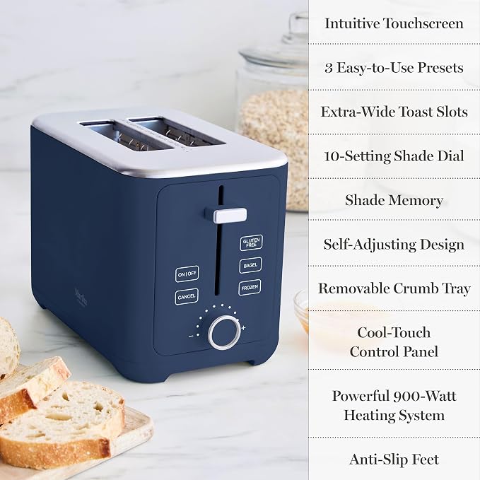 Martha Stewart 2-Slice Toaster, 3 Presets & 10 Shade Settings, Indigo Blue