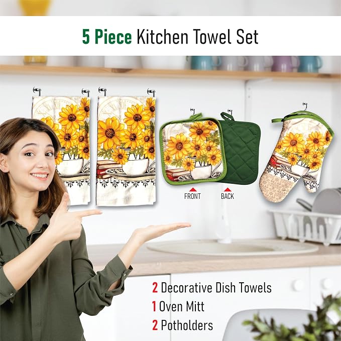 Bright Sunflower5 Piece Kitchen Towel Set | Kitchen Towel Set with 2 Decorative Dish Towels (25 X15), 1 Oven Mitt (11 X 7) and 2 Potholders (6.5 X 6.5)