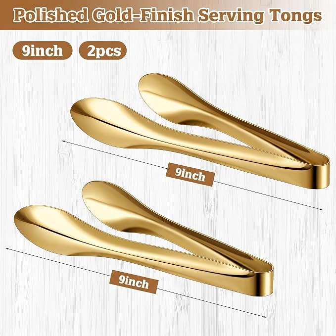 2 Pack Polished Stainless Steel Serving Tongs 9 Inch Metal Food Gold Tong for Buffet Salad BBQ Grilling Heavy Duty Kitchen Utensils for Cooking Catering Wedding Party