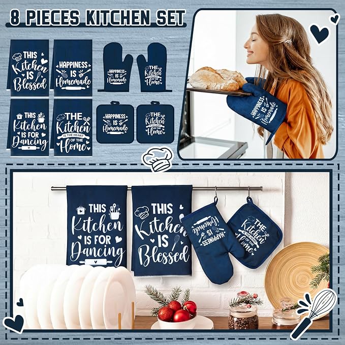Leinuosen 8 Pcs Kitchen Towels and Oven Mitts Sets Pot Holders Dishcloths Set Kitchen Decorative Accessories Absorbent Potholders Heat Resistant for Chef Baking Cooking