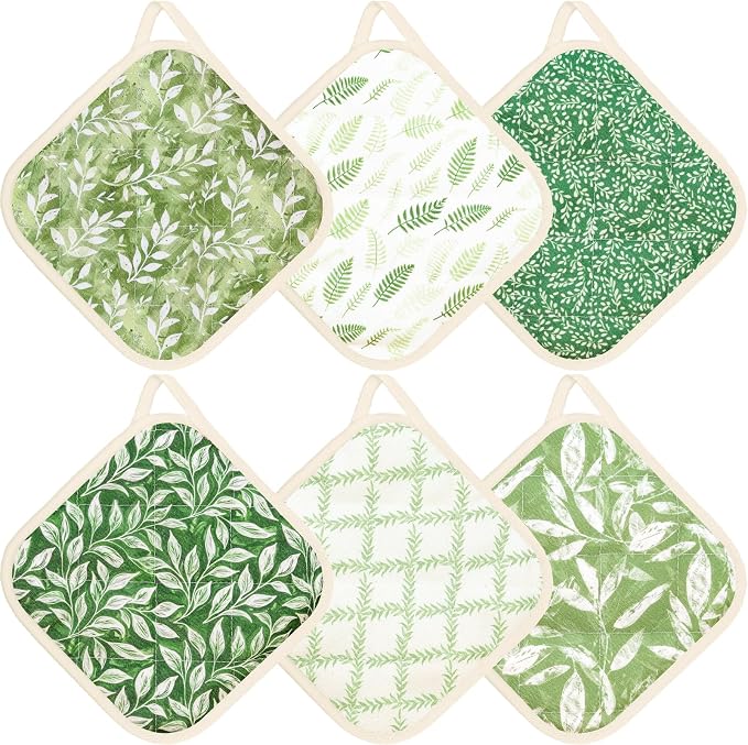 6 Pack Pot Holders 100% Cotton Heat Resistant Potholder, Machine Washable Pot Holder, Hot Pads, Table Pads for Cooking Baking (T)