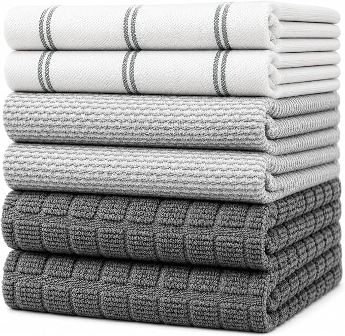 Premium Kitchen Towels 6 Pack 100% Cotton, 20"x28" Dish Towels - Grey Check | Large Flat & Terry Kitchen Linen Set with Hanging Loops, Highly Absorbent for Washing and Drying Dishes