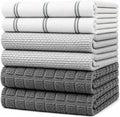 Premium Kitchen Towels 6 Pack 100% Cotton, 20"x28" Dish Towels - Grey Check | Large Flat & Terry Kitchen Linen Set with Hanging Loops, Highly Absorbent for Washing and Drying Dishes