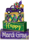 Lineshading 4 Pcs Mardi Gras Tiered Tray Decor Wooden Blocks, Truck | Rustic Farmhouse Block Signs with Purple Green Gold, Happy Text and Fleur-de-lis, Stacked Table Centerpiece for Parties
