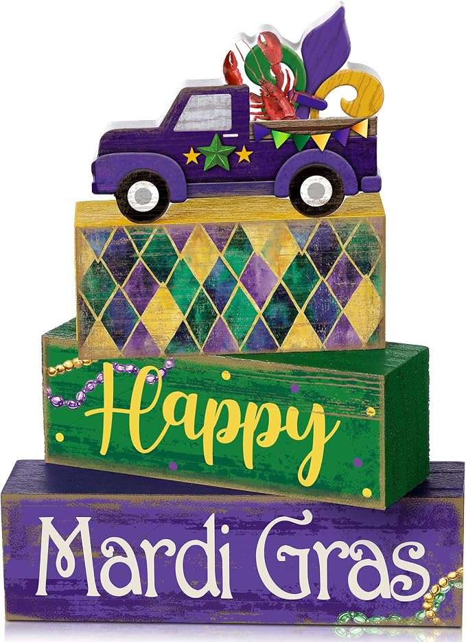 Lineshading 4 Pcs Mardi Gras Tiered Tray Decor Wooden Blocks, Truck | Rustic Farmhouse Block Signs with Purple Green Gold, Happy Text and Fleur-de-lis, Stacked Table Centerpiece for Parties