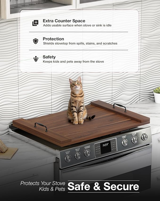 Bluewest Gas Stove Burner Covers, Wooden Noodle Board with Handle, Walnut | Extra-thick wooden RV stovetop and sink cover doubles as a tray, creating extra kitchen counter space for prep and serving.