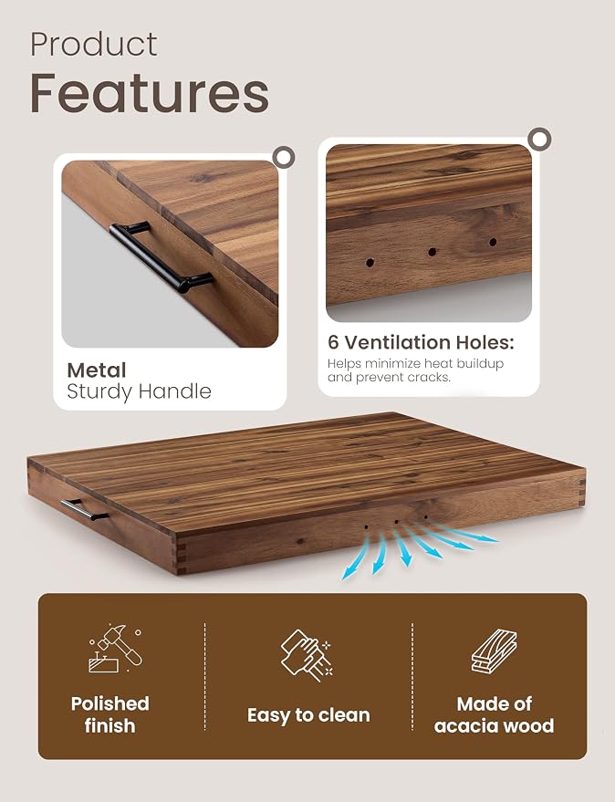 TIDITA Stove Top Covers for Electric Stove, Noodle Board, 30”x22” (Outer) | 28.9”x20.8” (Inner), Walnut color, Acacia Wood, Metal Handles, Non-Skid Pads, Noodles Board Stove Cover, Easy Assembly