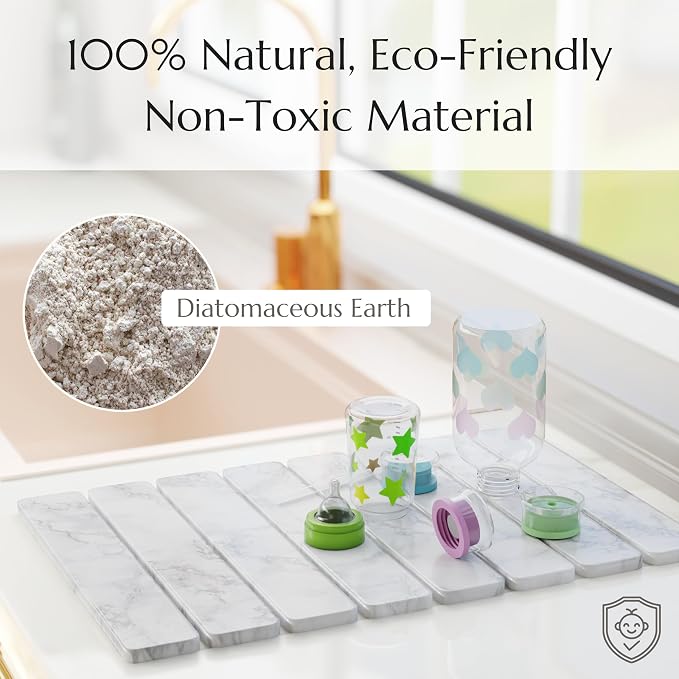 Stone Drying Mat for Kitchen Counter - Collapsible Diatomaceous Earth Dish Drying Stone - Fast Absorbent Stone Dish Drying Mat for Dishes and Pots (White Marble)