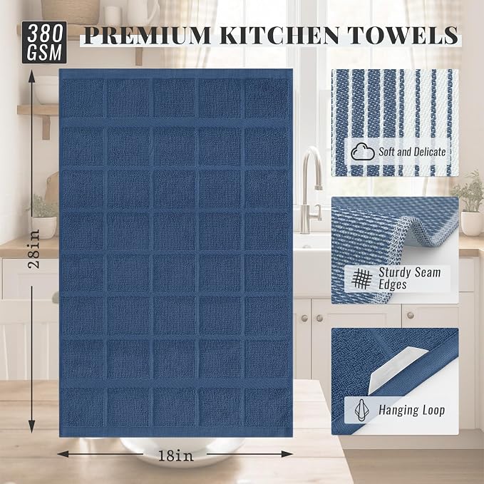 Homaxy 9 Pack Cotton Terry Premium Kitchen Towels, 18 x 28 in, Navy Blue | Large 380 GSM Dish Towels, Highly Absorben Flat & Terry Kitchen Hand Towels, Soft Utility Tea Towel Set with Hanging Loop